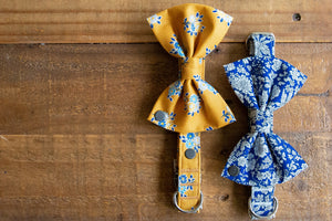 Liberty dog collars and bow ties in blue and yellow floral
