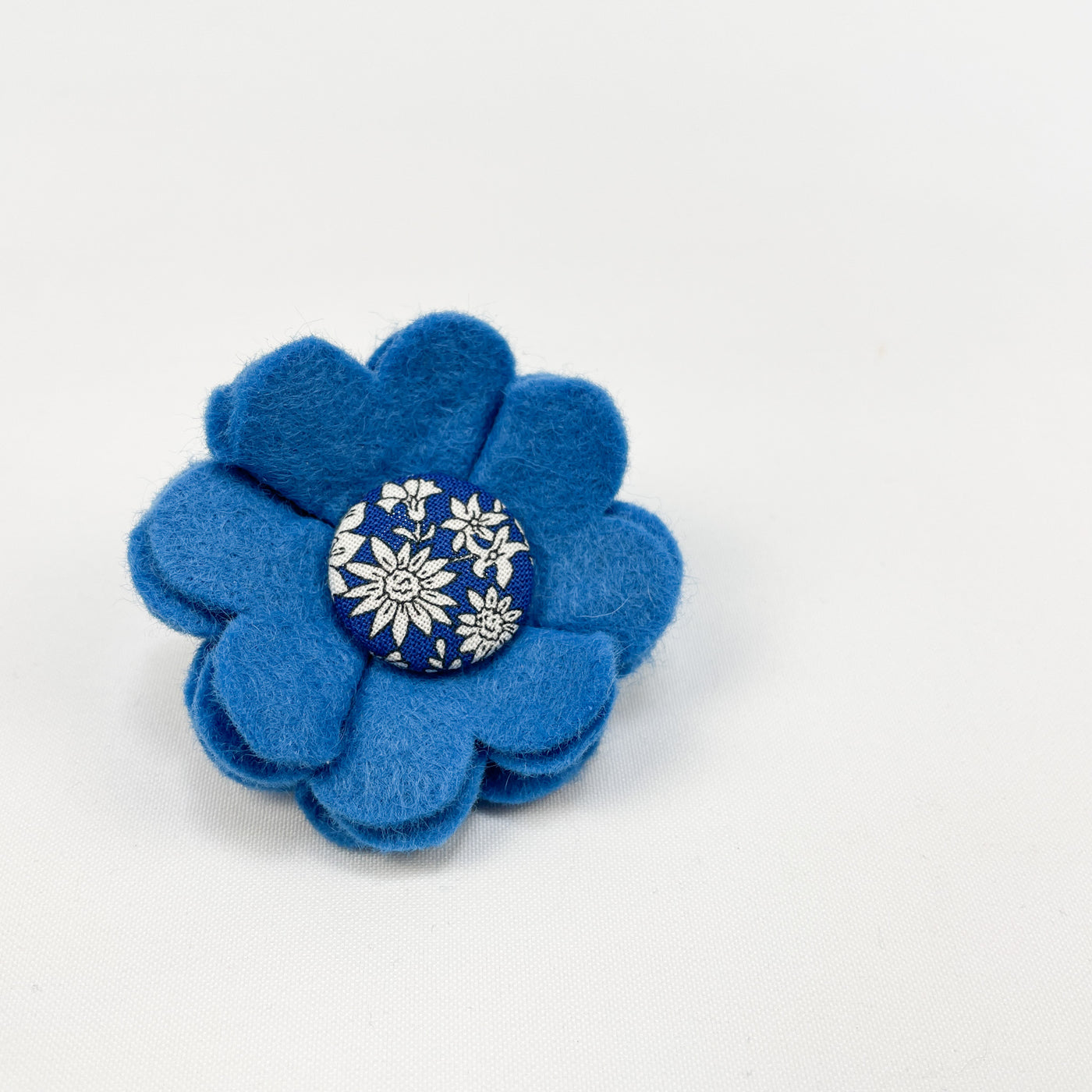 Dog Collar Flower in blue felt with a Liberty Fabric Button