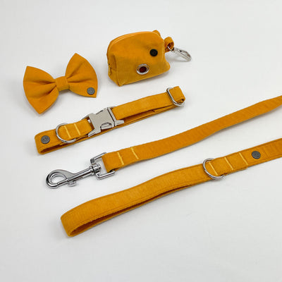 Mustard Yellow Corduroy Collar | Lead | Bow | Poop Bag Set