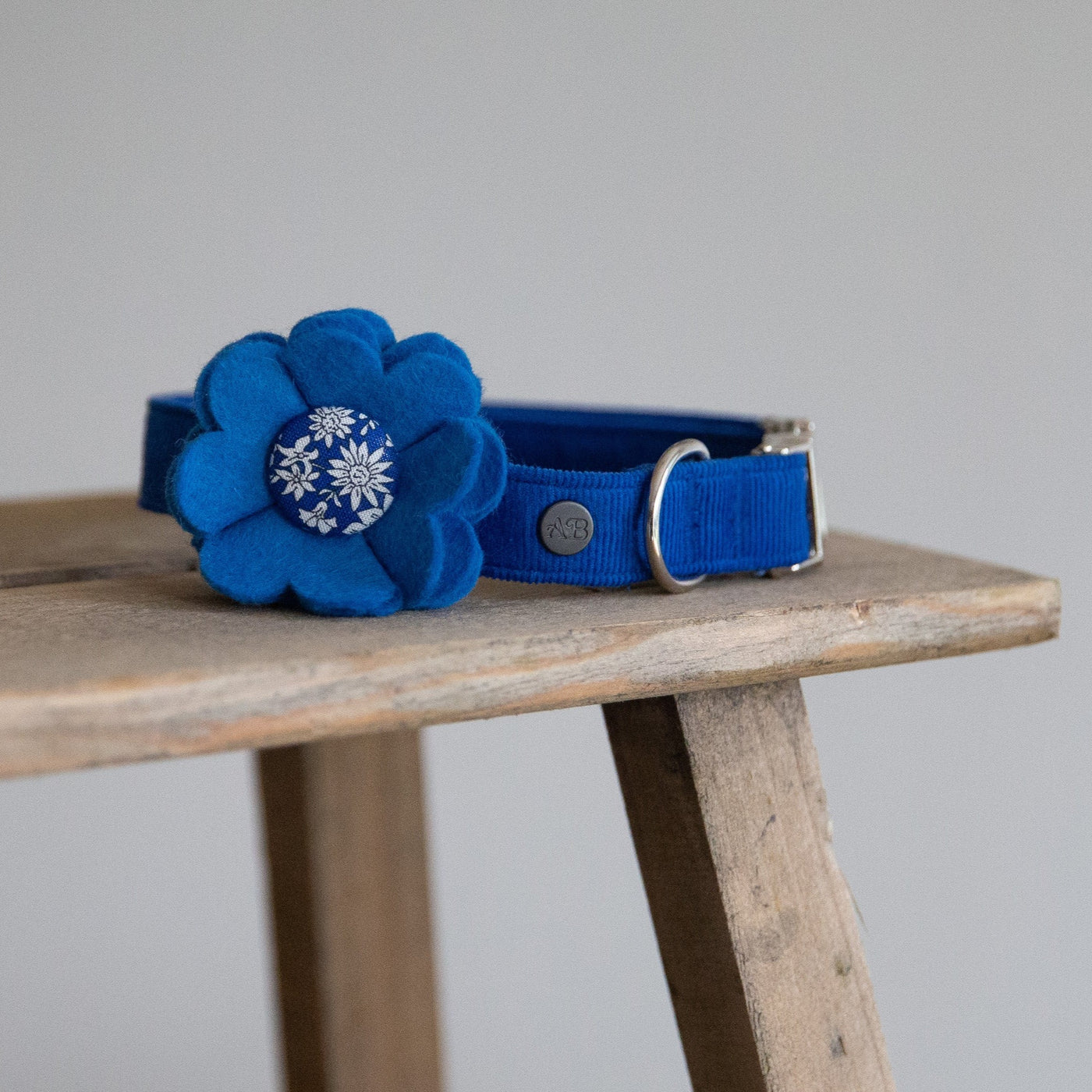 Dog Collar Flower in blue felt with a Liberty Fabric Button