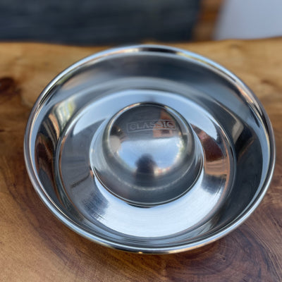 Stainless steel, slow-feeding dog bowl.