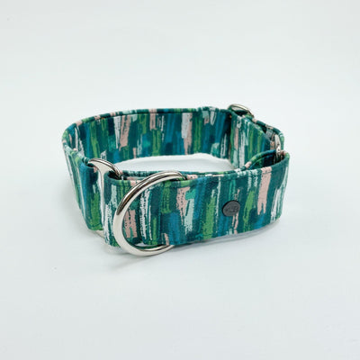 Autumn Stripe Martingale Dog Collar with tones of blush pink, teal, green and grey.