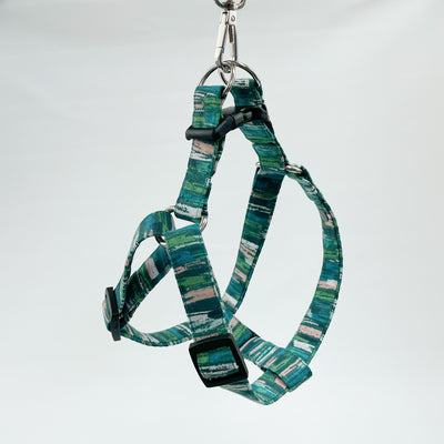 Autumn Stripe Step-in Dog Harness with black plastic quick-release buckle tri glides.