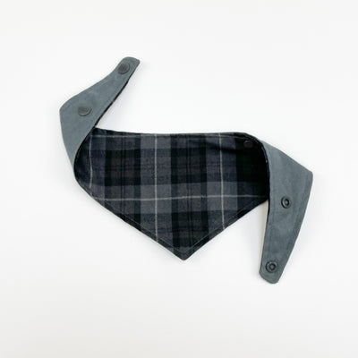 Albie's Boutique classic charcoal grey tartan dog bandana with popper fastening.