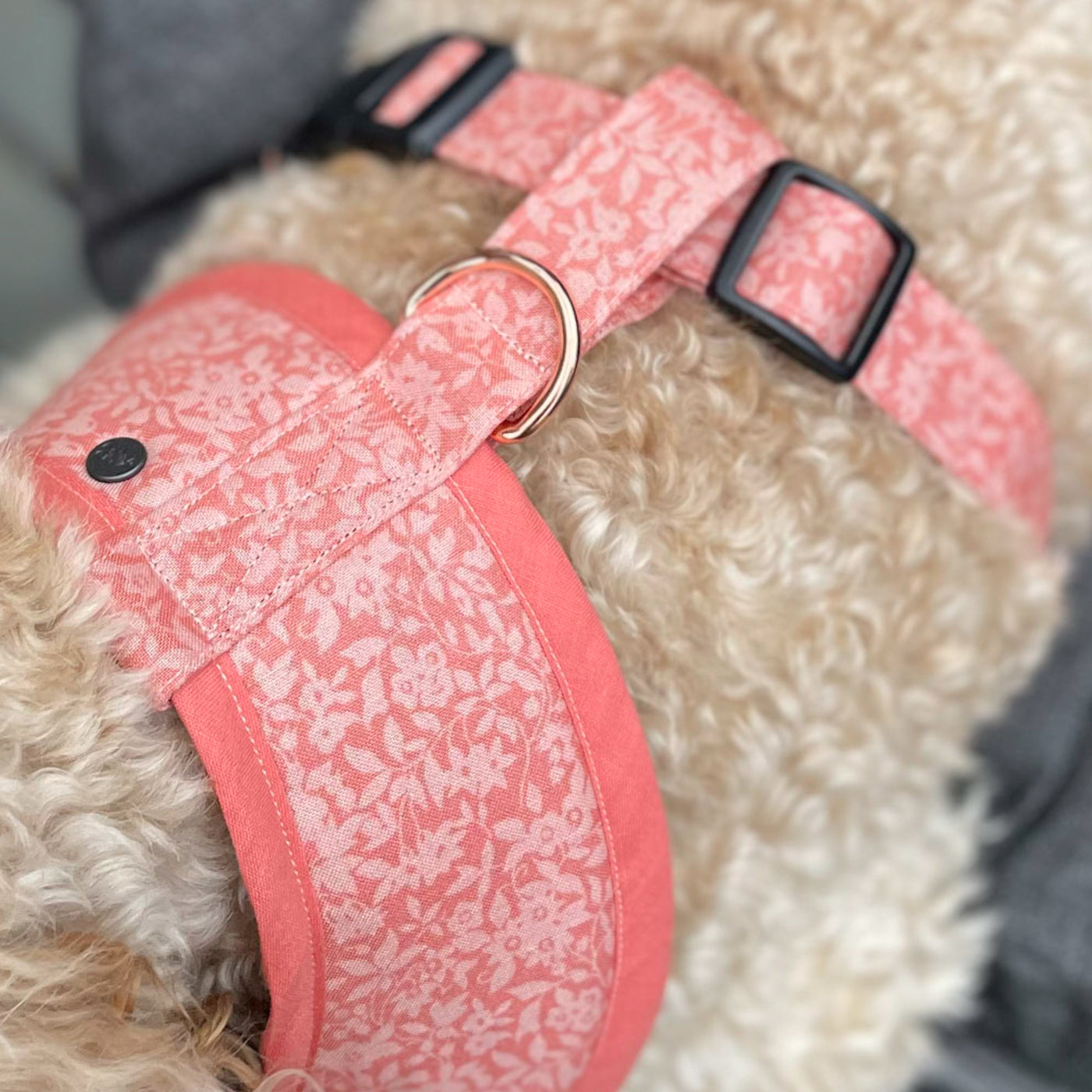 Liberty peach floral Soft Dog Harness with chrome D-Ring.
