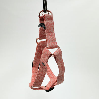 Liberty Peach Floral Step-in Dog Harness with rose gold D-Rings.