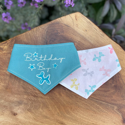 Birthday Boy dog bandana teal front and colourful balloon print fabric reverse.