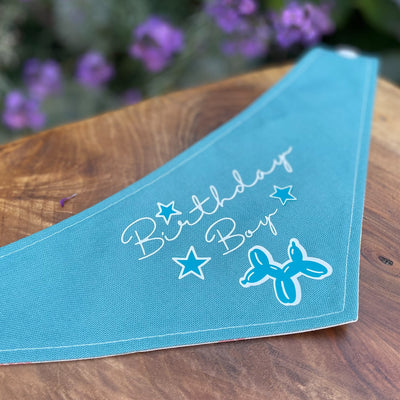 Teal blue "Birthday Boy" vinyl print dog bandana.