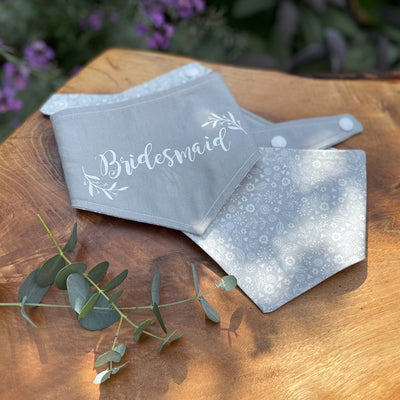 Albie's Boutique "Bridesmaid" dog grey wedding bandana. 