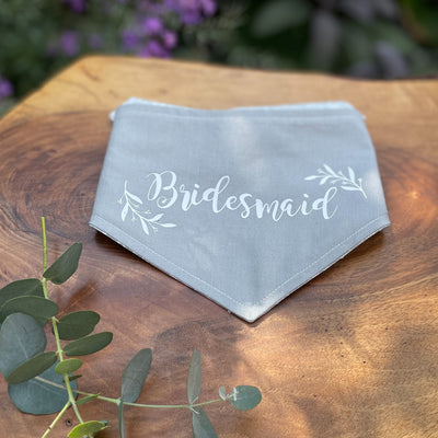 Albie's Boutique "Bridesmaid" print bandana for dogs.