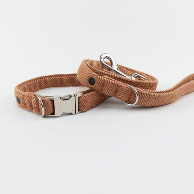 Dog collar and lead in Luxury Burnt Umber Herringbone Tweed 
