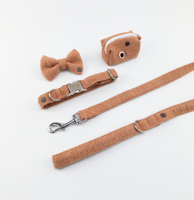 Luxury Burnt Umber Herringbone Tweed Dog Collar, Lead, Bow Tie and Poop Bag Holder Set