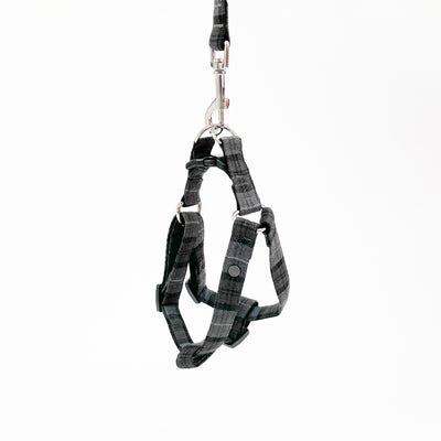Charcoal grey tartan step-in dog harness available in various sizes. 