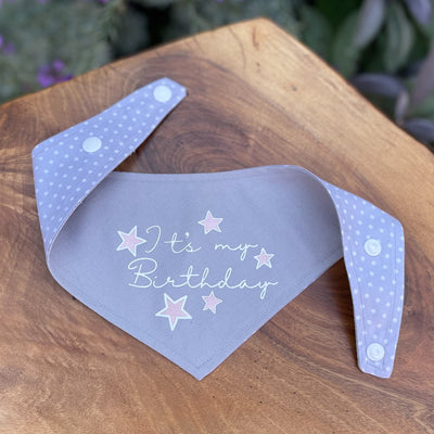 Soft grey and white polka dot "It's my Birthday" dog bandana with popper fixing.