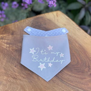Soft grey and white polka dot "Tt's my Birthday" dog bandana.