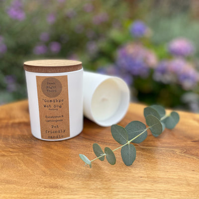Goodbye Wet Dog - Pet Friendly Candle in a white matt vessel with a wooden lid