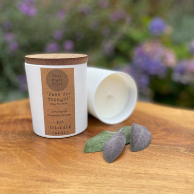 Paws For Thought - Pet Friendly Candle in a white matt vessel with wooden lid