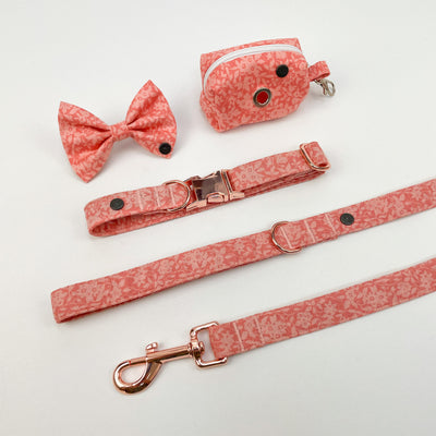 Albie's Boutique Liberty Peach Floral Collection including collar, lead, bow tie and poo bag holder.