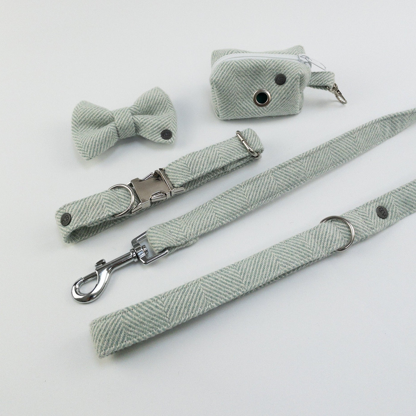 The Luxury Sea Spray Herringbone Tweed Dog Collar, Lead, Bow Tie and Poop Bag Holder Set