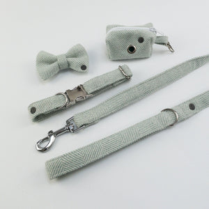 The Luxury Sea Spray Herringbone Tweed Dog Collar, Lead, Bow Tie and Poop Bag Holder Set
