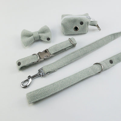 The Luxury Sea Spray Herringbone Tweed Dog Collar, Lead, Bow Tie and Poop Bag Holder Set
