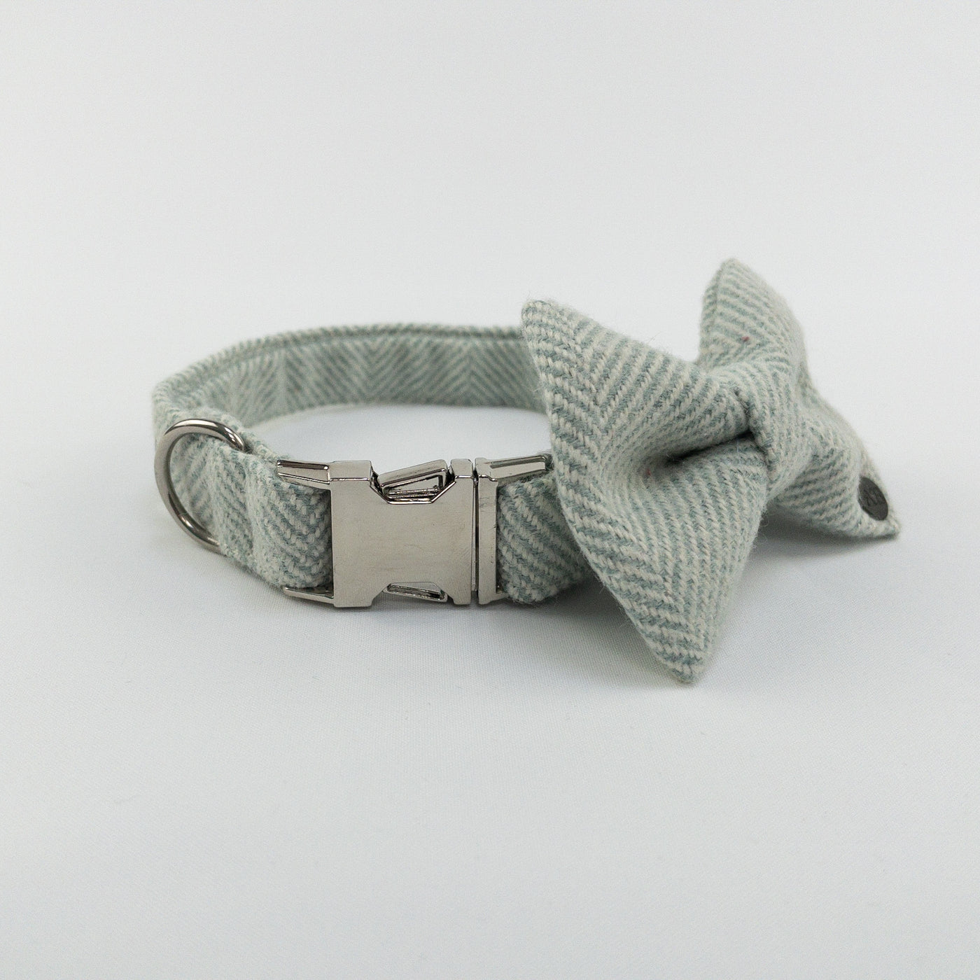 Luxury Sea Spray Herringbone Tweed Dog Bow Tie shown on matching collar.