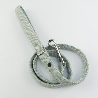 Luxury Sea Spray Herringbone Tweed Dog Lead with chrome hardware.