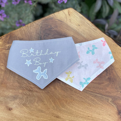 Soft grey "Birthday Boy" dog bandana front and back.