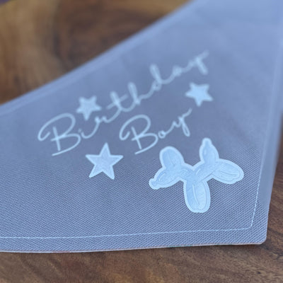 Soft grey "Birthday Boy" vinyl print dog celebration bandana 