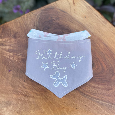 Soft grey "Birthday Boy" dog bandana.