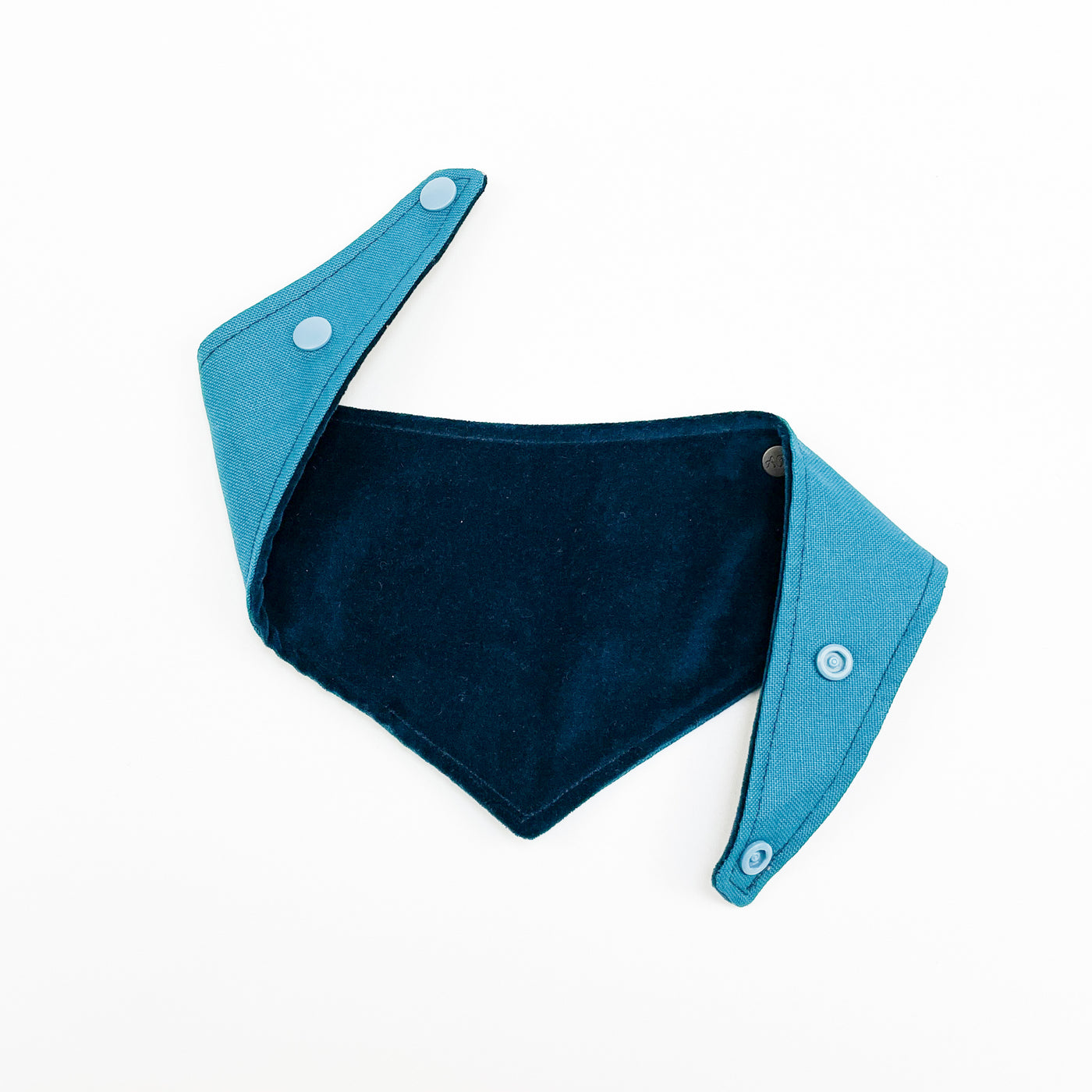 Albies Boutique Luxury teal velvet dog bandana snap-on popper fastening.