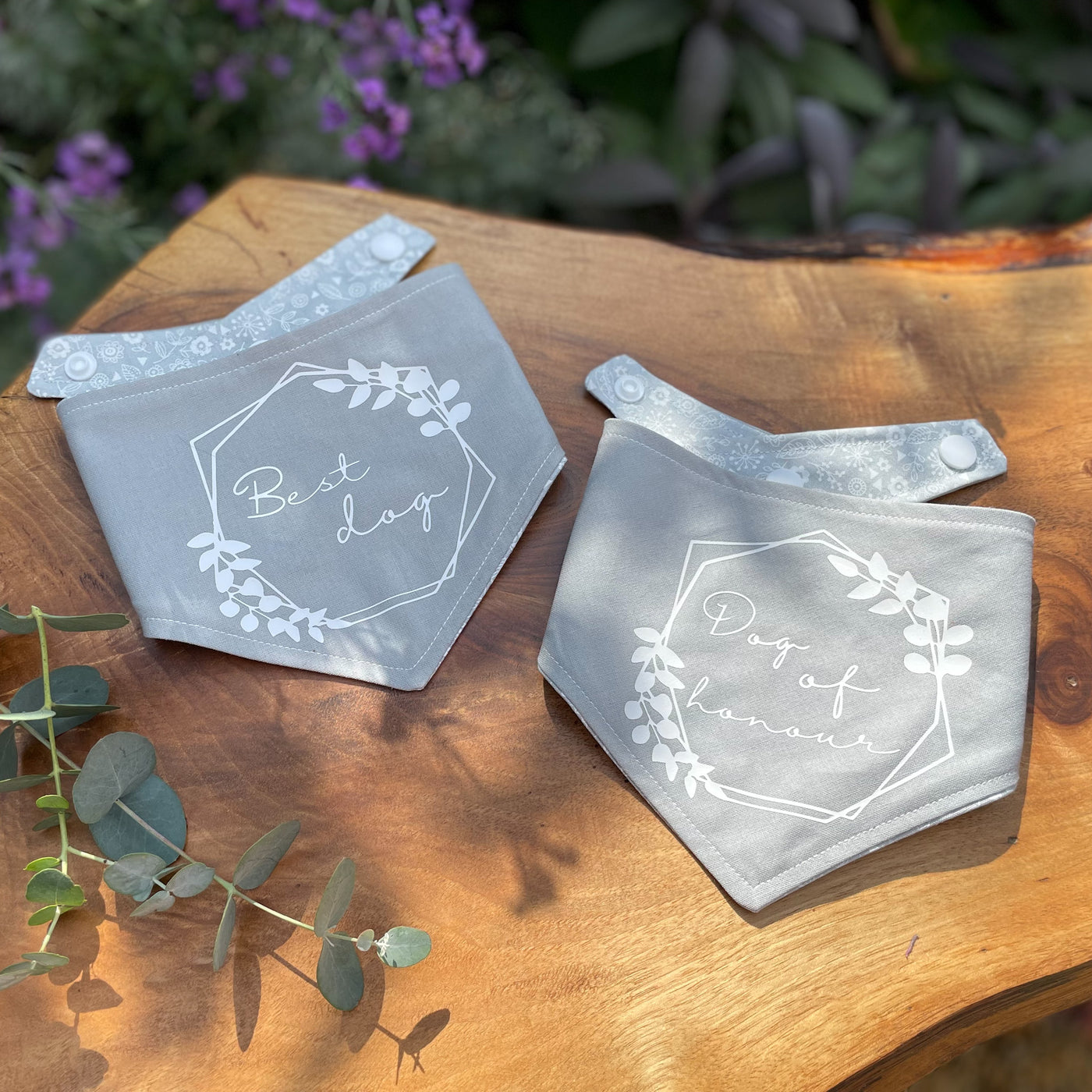 Albie's Boutique "Best dog" and "Dog of honour" grey wedding bandanas.