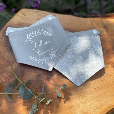 Albie's Boutique reversible "I do too" grey dog wedding bandana .