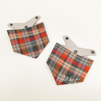 Greay and orange tartan bandana with personalisation option