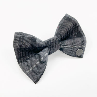 Charcoal grey tartan dog dickie bow collar accessory. 