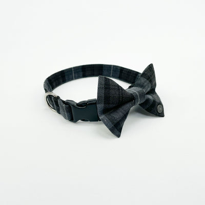 Charcoal grey tartan dog bow tie on matching dog collar.