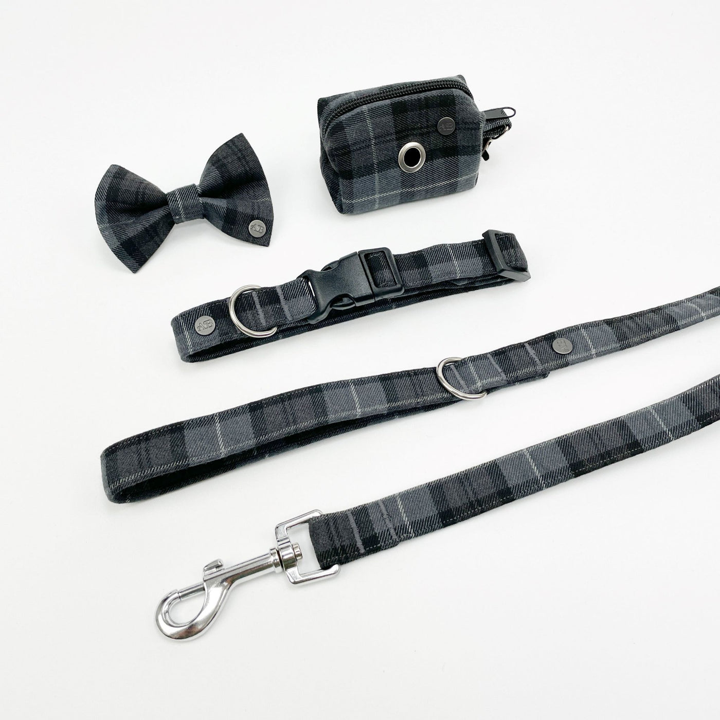 Charcoal Grey classic Tartan print set includes dog bow tie, collar, lead and poop bag.