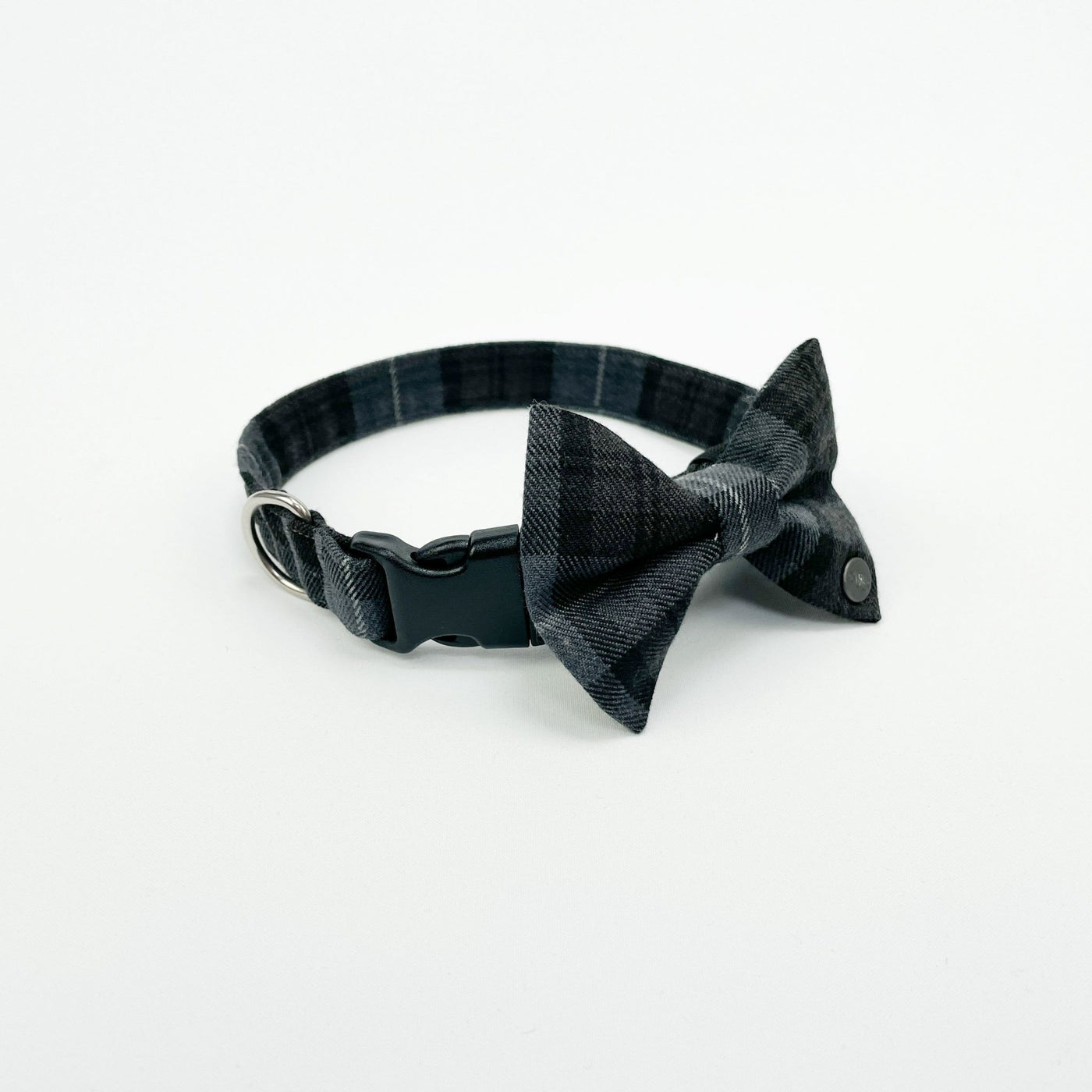 Charcoal grey tartan dog collar with matching dog bow tie