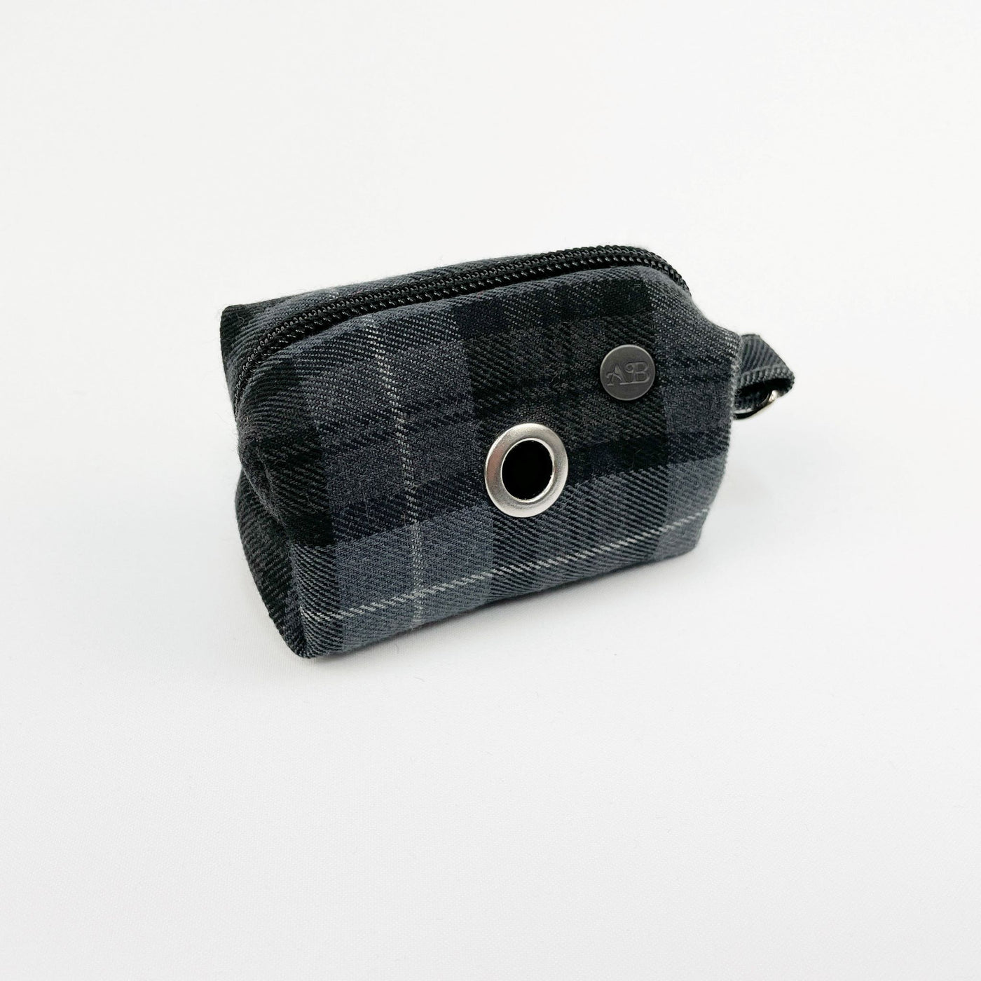 Charcoal grey tartan dog poop bag holder part of the bundle set.