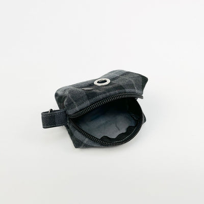 Dog poop bag holder fully lined inner in charcoal grey tartan 