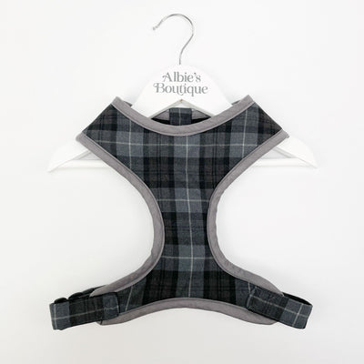 Handmade soft dog harness in charcoal grey tartan.