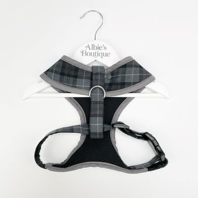 Charcoal grey tartan soft dog harness featuring padded reverse.