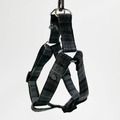 Charcoal grey tartan step-in dog harness available in various sizes. 