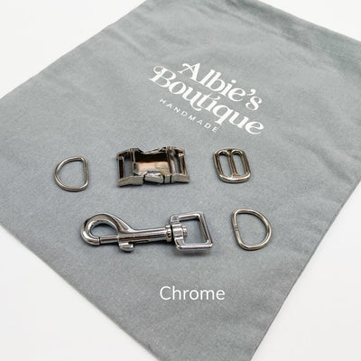 Standard chrome fittings for the Autumn Stripe Dog Collar