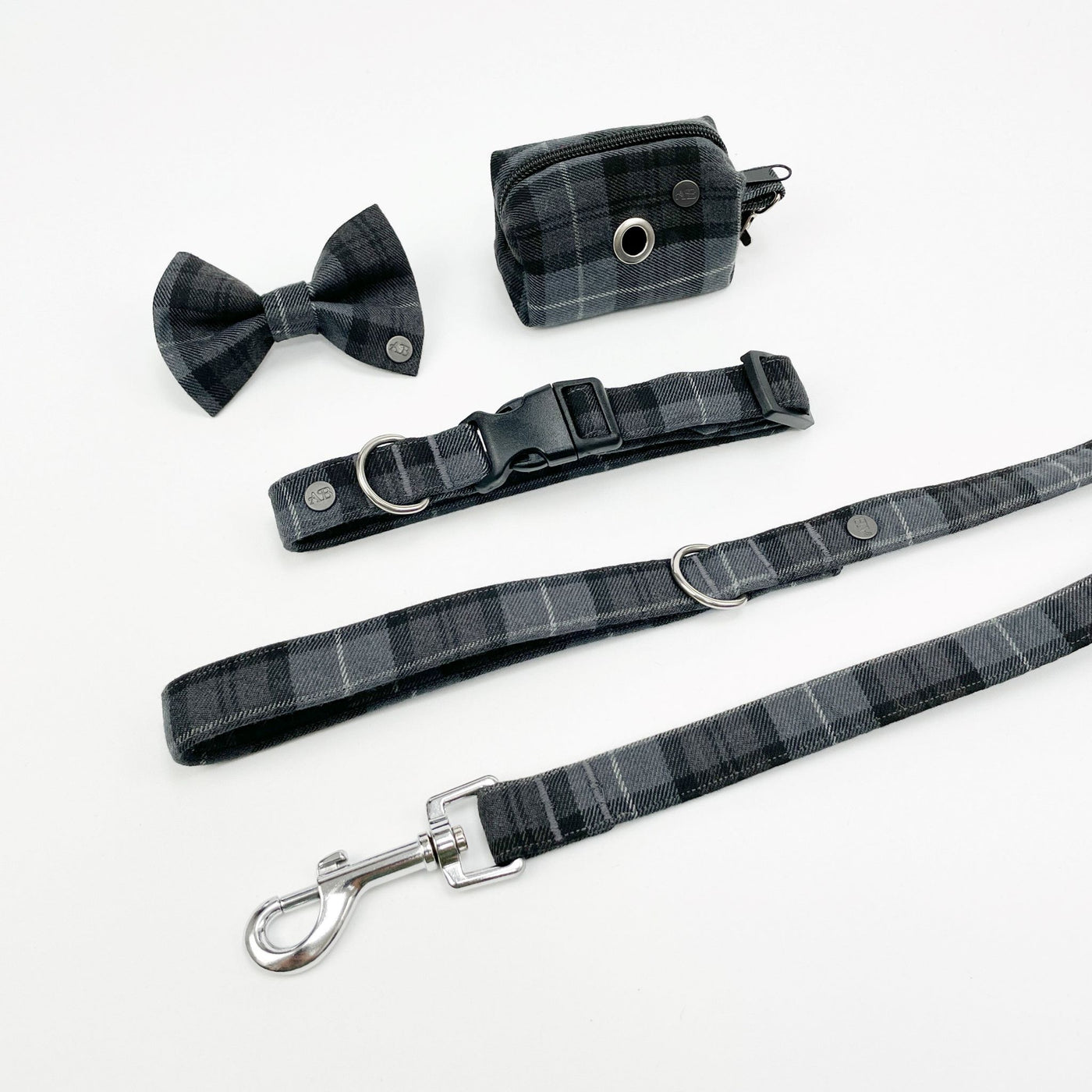 The charcoal grey tartan dog accessory range from Albie's Boutique 