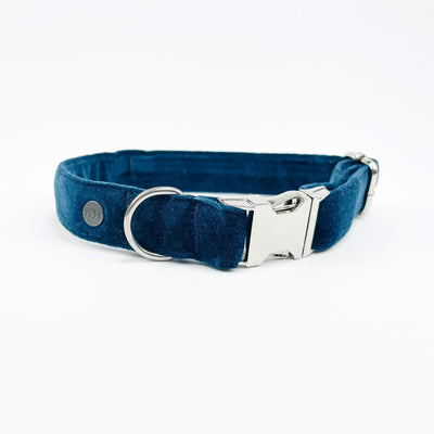Luxury Dark Teal Velvet Dog Collar from the side.