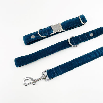 Luxury Dark Teal Velvet Dog Lead shown with matching Collar