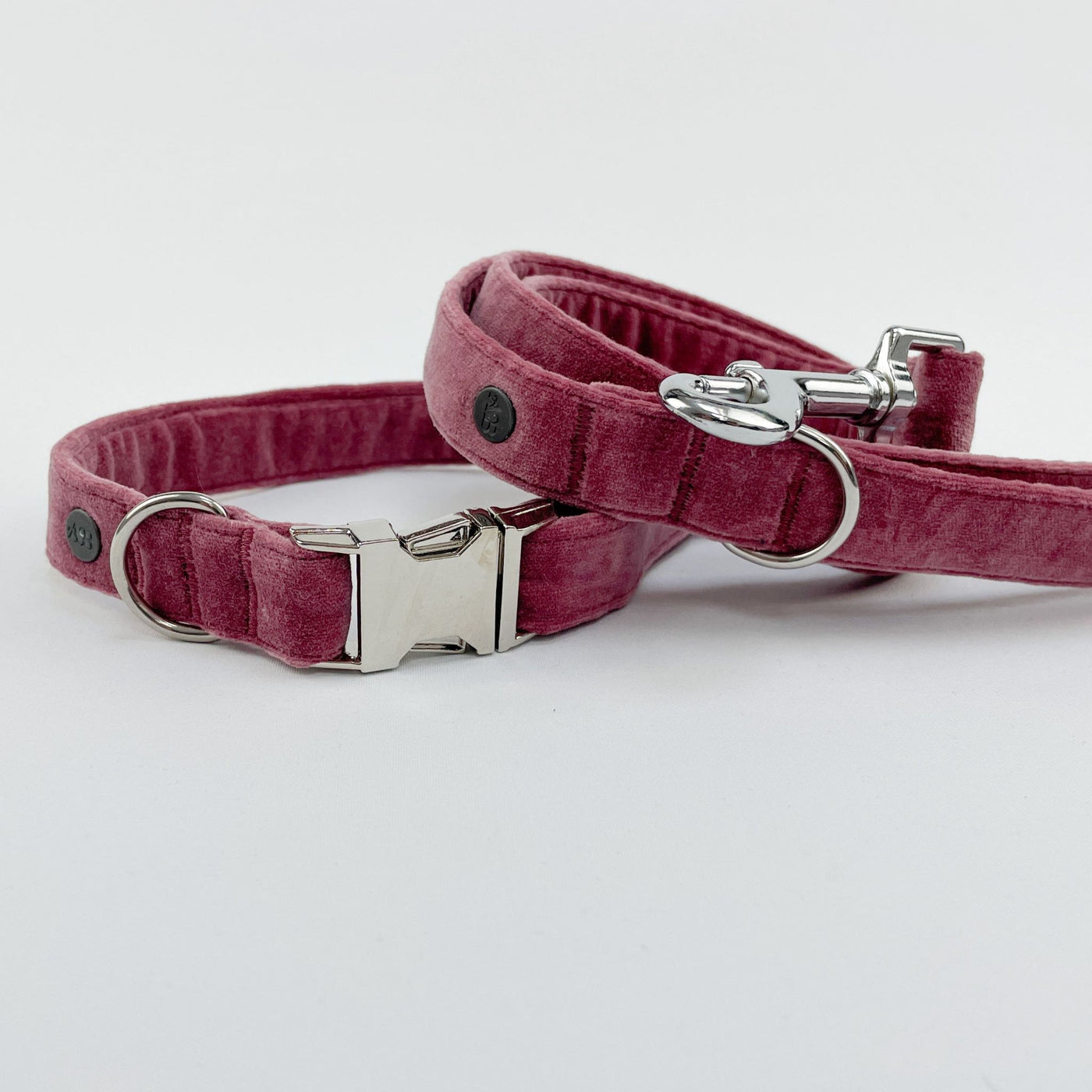 Matching dog lead and collar in luxury blush pink velvet.