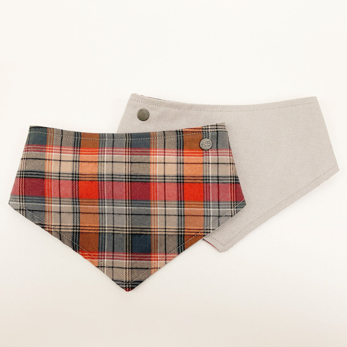 Grey and Orange Autumn Check Dog Bandana front and reverse.