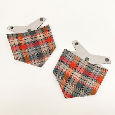 Grey and Orange Autumn Check Dog Bandana pair.